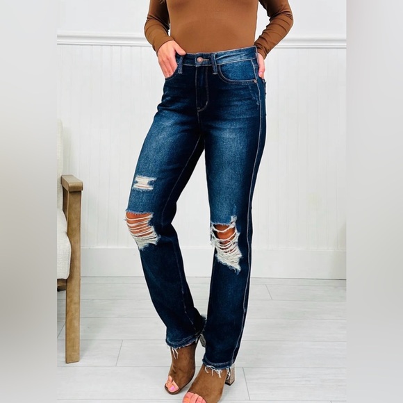 Judy Blue Denim - Judy Blue- Full Size High Waist Rigid Magic Heavy Destroy Straight Jeans- 7/28